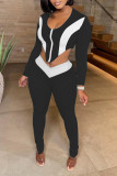 Black Sexy Solid Patchwork Asymmetrical Zipper U Neck Long Sleeve Two Pieces