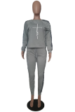 Grey Casual Leopard O Neck Long Sleeve Two Pieces