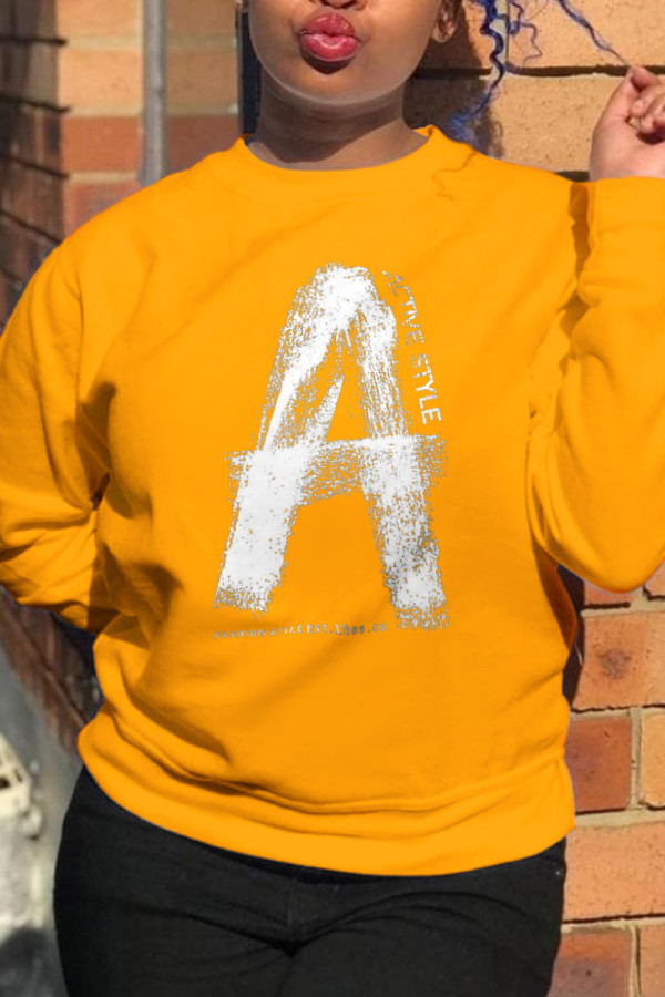 Yellow Fashion Street Print Patchwork O Neck Tops