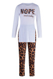 Leopard Print Casual Letter Print Split Joint Slit O Neck Long Sleeve Two Pieces