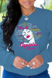 Blue Casual Sweet Print Patchwork Letter O Neck Tops