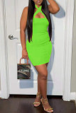 Light Green Sexy Solid Hollowed Out Backless Halter Sleeveless Dress Dresses