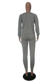 Grey Casual Leopard O Neck Long Sleeve Two Pieces