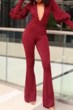 Burgundy Sexy Solid Patchwork Beading V Neck Regular Jumpsuits