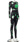 Green Fashion Casual Print Basic O Neck Long Sleeve Two Pieces
