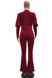 Burgundy Sexy Solid Patchwork Beading V Neck Regular Jumpsuits