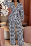 Black White Casual Print Patchwork V Neck Straight Jumpsuits