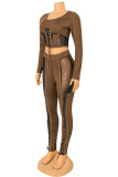 Rose Red Fashion Sexy Patchwork Bandage See-through O Neck Long Sleeve Two Pieces
