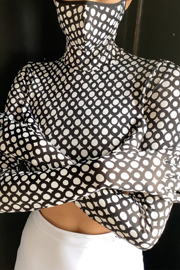 Black Street Print Patchwork Turtleneck Tops