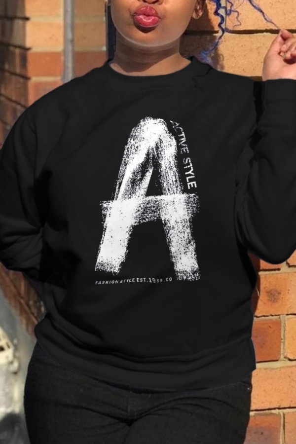 Black Fashion Street Print Patchwork O Neck Tops