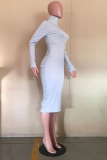 Grey Sexy Solid Fold Turtleneck Pencil Skirt Dresses
