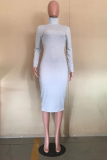 Grey Sexy Solid Fold Turtleneck Pencil Skirt Dresses