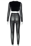 Black Fashion Sexy Patchwork Tear O Neck Long Sleeve Two Pieces