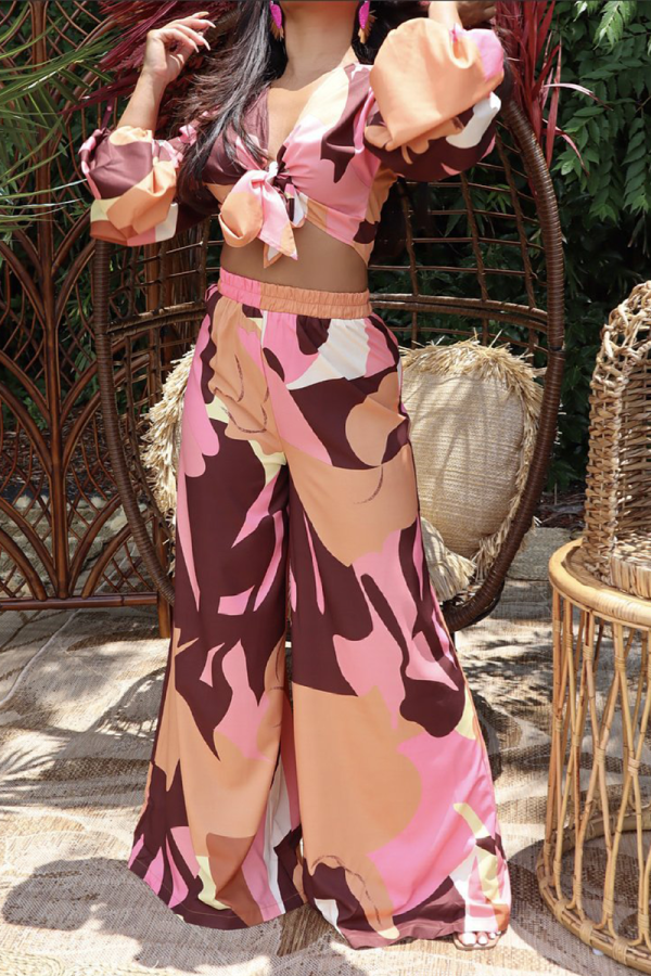 Pink Casual Print Patchwork V Neck Long Sleeve Two Pieces