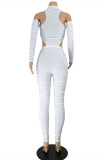 White Fashion Sexy Solid Hollowed Out Fold Asymmetrical Turtleneck Long Sleeve Two Pieces