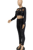 Black Sexy Solid Hollowed Out Split Joint Fold Asymmetrical O Neck Long Sleeve Two Pieces