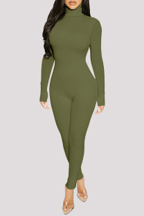 Army Green Fashion Casual Solid Basic Turtleneck Skinny Jumpsuits