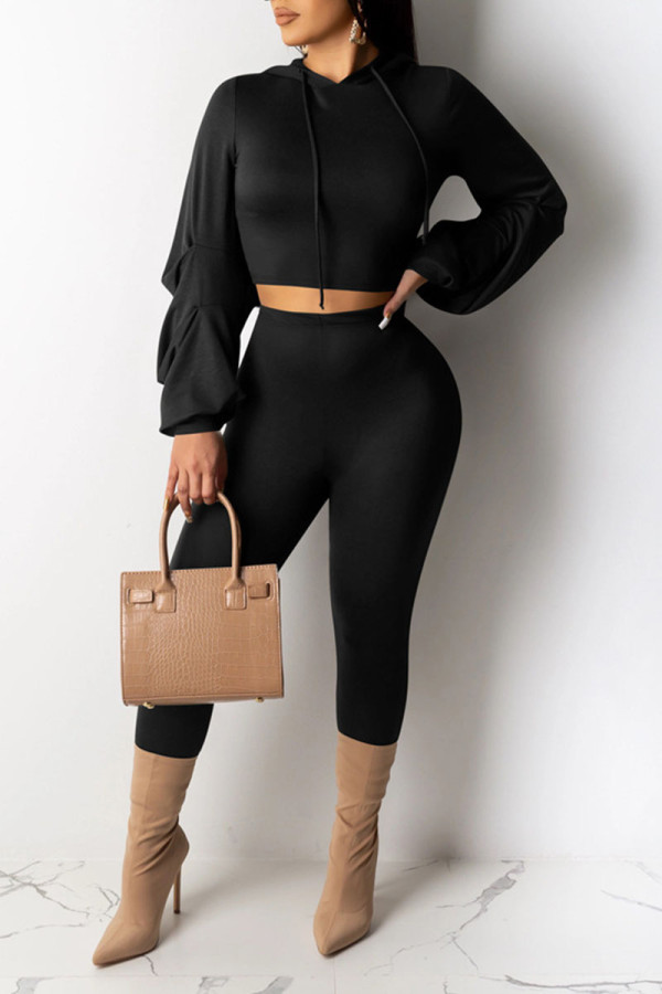 Black Casual Solid Patchwork Fold Hooded Collar Long Sleeve Two Pieces