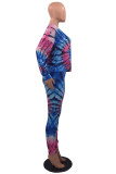 Multicolor Casual Print Tie Dye Patchwork O Neck Long Sleeve Two Pieces