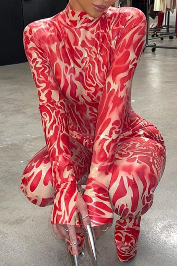 Red Fashion Sexy Print Basic Turtleneck Skinny Jumpsuits