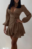 Coffee Casual Sweet Solid Split Joint Knotted Asymmetrical V Neck A Line Dresses