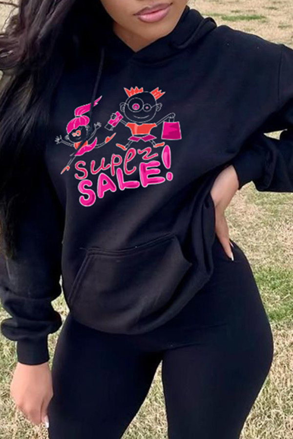 Black Fashion Casual Print Basic Hooded Collar Tops