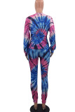 Multicolor Casual Print Tie Dye Patchwork O Neck Long Sleeve Two Pieces