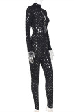 Black Fashion Sexy Solid Hollowed Out See-through Turtleneck Skinny Jumpsuits