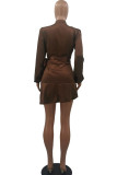 Coffee Casual Sweet Solid Split Joint Knotted Asymmetrical V Neck A Line Dresses