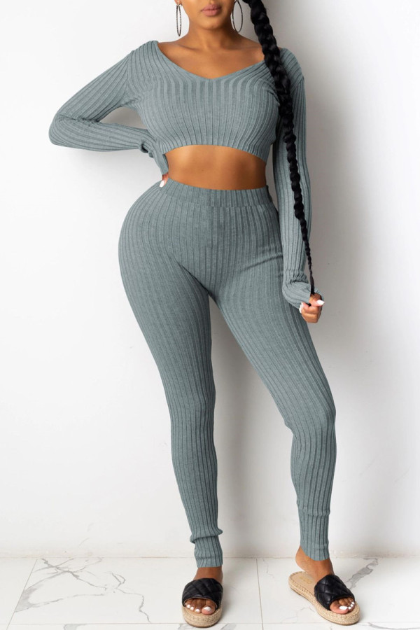 Grey Fashion Casual Solid Basic V Neck Long Sleeve Two Pieces
