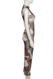 Coffee Sexy Print Patchwork Half A Turtleneck Pencil Skirt Dresses