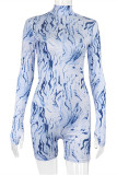 Blue Fashion Sexy Print Basic Turtleneck Long Sleeve Skinny Romper