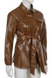 Brown Fashion Casual Solid Patchwork With Belt Turndown Collar Outerwear