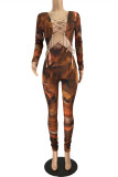 Multicolor Fashion Sexy Print Bandage Hollowed Out O Neck Skinny Jumpsuits