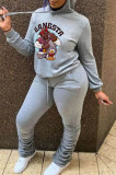 Grey Fashion Casual Print Basic Hooded Collar Tops