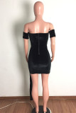 Black Fashion Sexy Patchwork See-through Backless Off the Shoulder Short Sleeve Dress