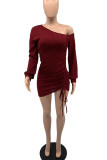 Pink Sexy Solid Patchwork Fold Oblique Collar Pencil Skirt Dresses