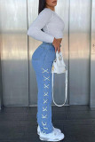 Baby Blue Fashion Casual Solid Patchwork Mid Waist Regular Denim Jeans