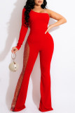 Red Fashion Sexy Patchwork Hot Drilling Backless Oblique Collar Regular Jumpsuits