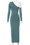 Green Fashion Sexy Solid Hollowed Out Oblique Collar Long Sleeve Dresses