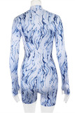 Blue Fashion Sexy Print Basic Turtleneck Long Sleeve Skinny Romper