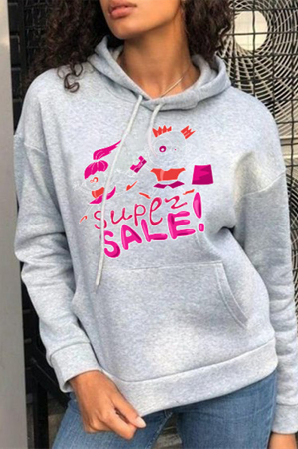 Grey Fashion Casual Print Basic Hooded Collar Tops