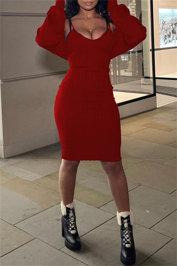 Red Fashion Sexy Solid Cardigan V Neck Long Sleeve Two Pieces