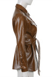 Brown Fashion Casual Solid Patchwork With Belt Turndown Collar Outerwear