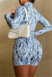 Blue Fashion Sexy Print Basic Turtleneck Long Sleeve Skinny Romper
