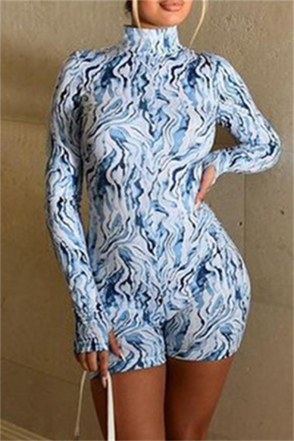 Blue Fashion Sexy Print Basic Turtleneck Long Sleeve Skinny Romper