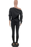Black Fashion Casual Letter Print Basic Oblique Collar Long Sleeve Two Pieces