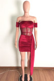 Black Fashion Sexy Patchwork See-through Backless Off the Shoulder Short Sleeve Dress