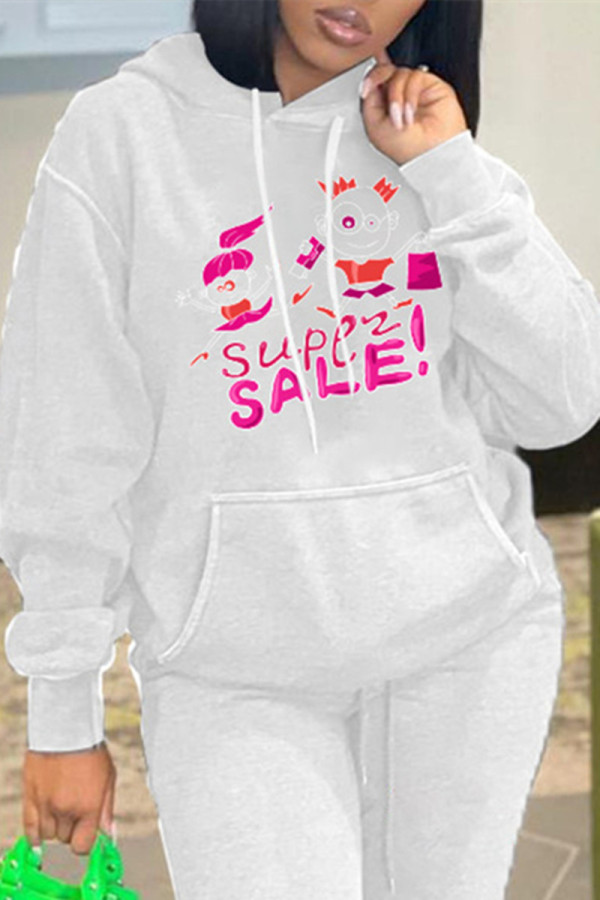 White Fashion Casual Print Basic Hooded Collar Tops