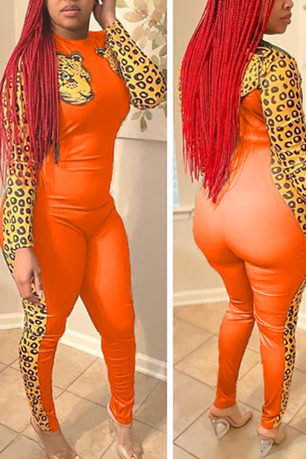 Tangerine Red Street Leopard Patchwork O Neck Skinny Jumpsuits